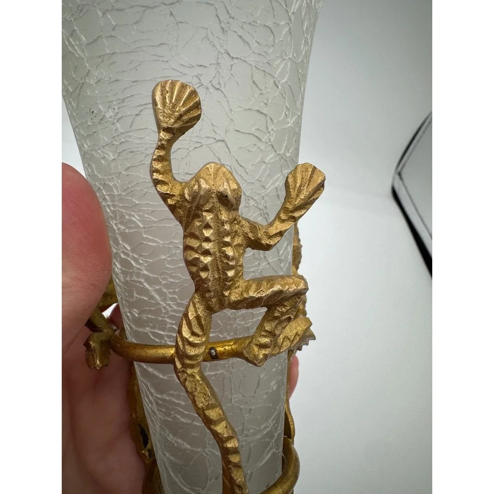 Vintage Crackle Glass Trumpet Vase Brass Frog Tripod Stand Made in India 8